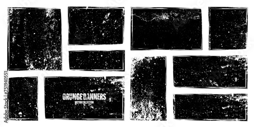 Grunge square frames, banners with stains and scratches. Brush stroke, rectangular shape design element. Distressed dirty text frame, border. Paintbrush, ink stains. Vector illustration