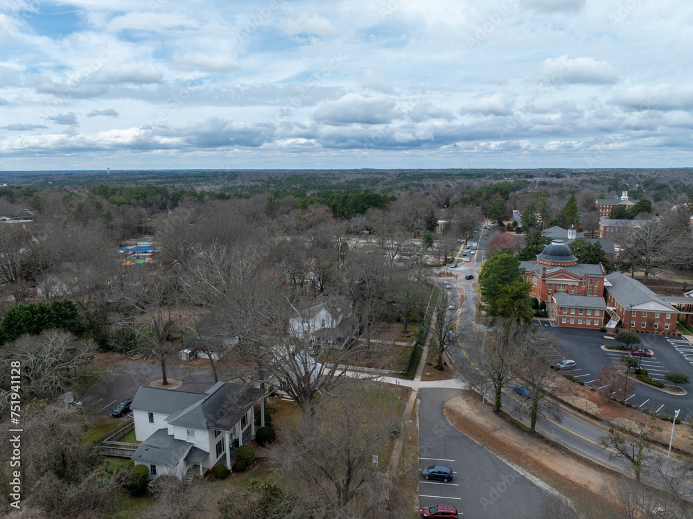 Flying above Main street in Wake Forest, NC
