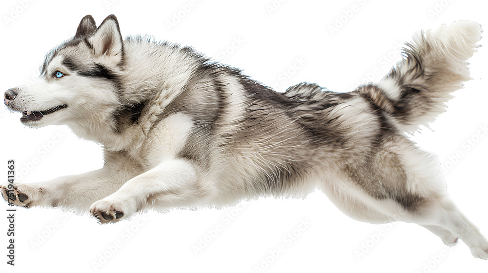 Healthy Siberian Husky dog jumping, isolated on transparent background