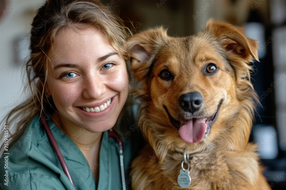 veterinarian doctor holding dog in veterinary clinic, generative ai.