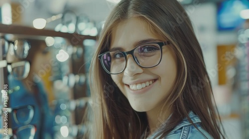 Smiling girl trying on glasses in store generative ai