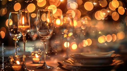Elegant banquet table setting with sparkling wine glasses and warm bokeh lights