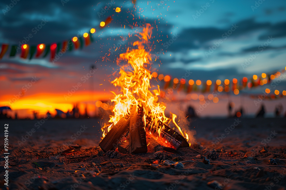 Junina's Party bonfire with small colorful flags at the background