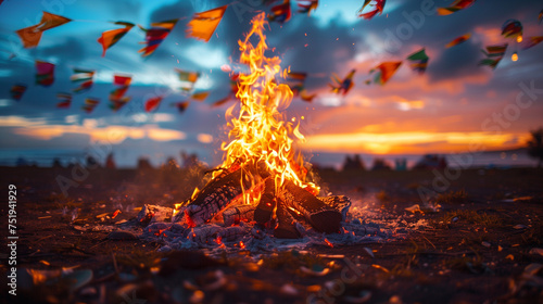 Junina's Party bonfire with small colorful flags at the background photo