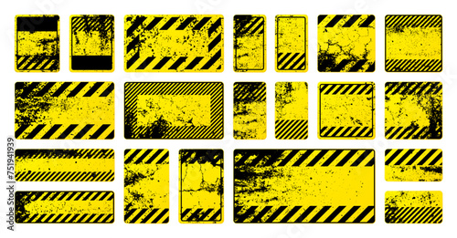 Various yellow grunge warning signs with diagonal lines. Old attention, danger or caution sign, construction site signage. Realistic notice signboard, warning banner, road shield. Vector illustration © 32 pixels