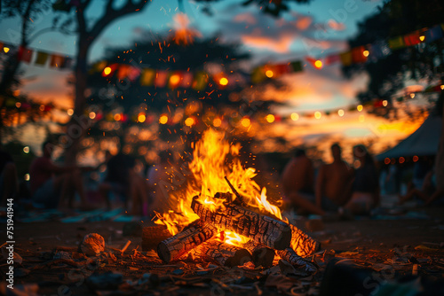 Junina's Party bonfire with small colorful flags at the background © Rieth