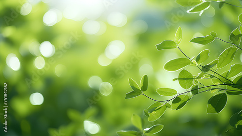 Close-up of vibrant green leaves with sunlight creating a bokeh effect in the background. 