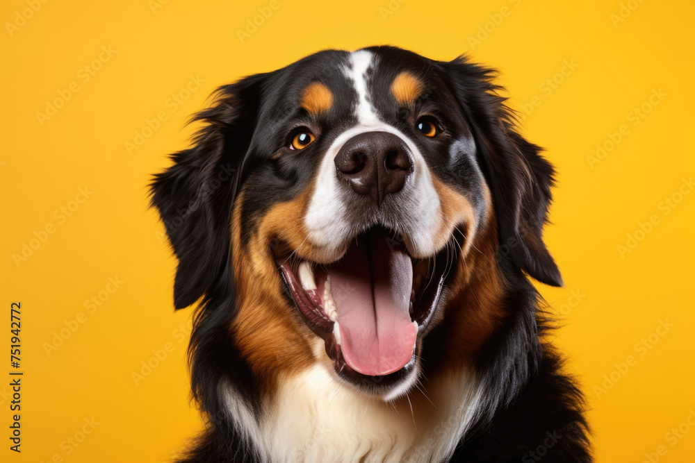 Funny studio portrait of cute smiling Bernese mountain dog