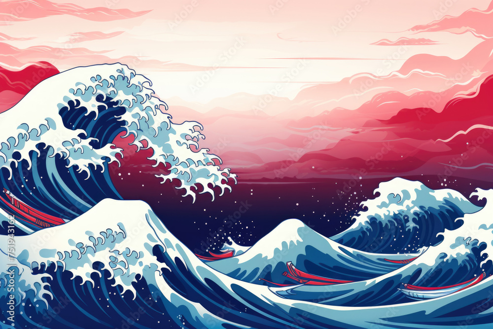 Great wave in ocean as Japanese style illustration
