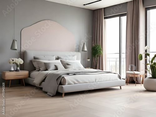 modern bedroom interior in light gray colors, light wooden floor furniture, luxury, design, comfortable, decor, Ai generative 