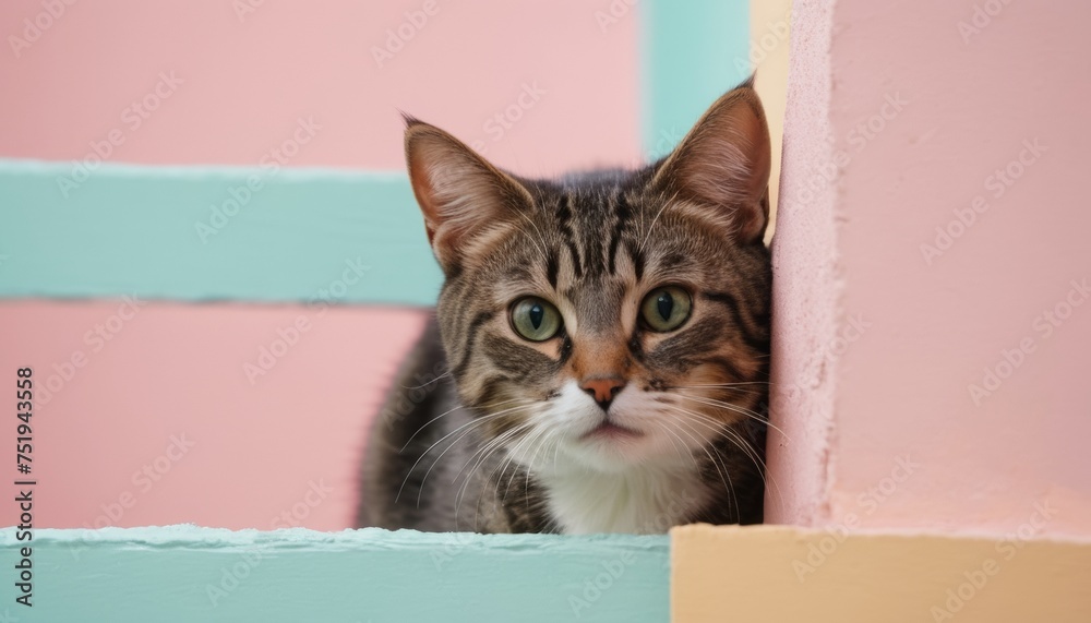 A striped cat poking its head with curiosity against a color background A striped cat poking its head with curiosity against a color background