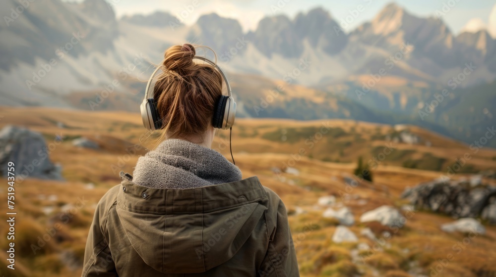 woman walking in the mountains with headphones on generative ai