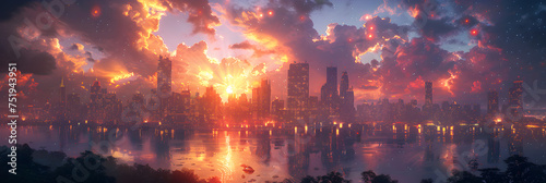  Futuristic architecture night scenery city on th , pink sky at sunset with clouds over the city and skyscrapers 3d illustration 