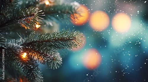 Close-up of festive Christmas tree branches with bright lights and decorations on blurred background
