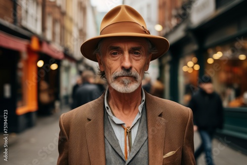 Portrait of a senior man in a hat on a city street. © Iigo