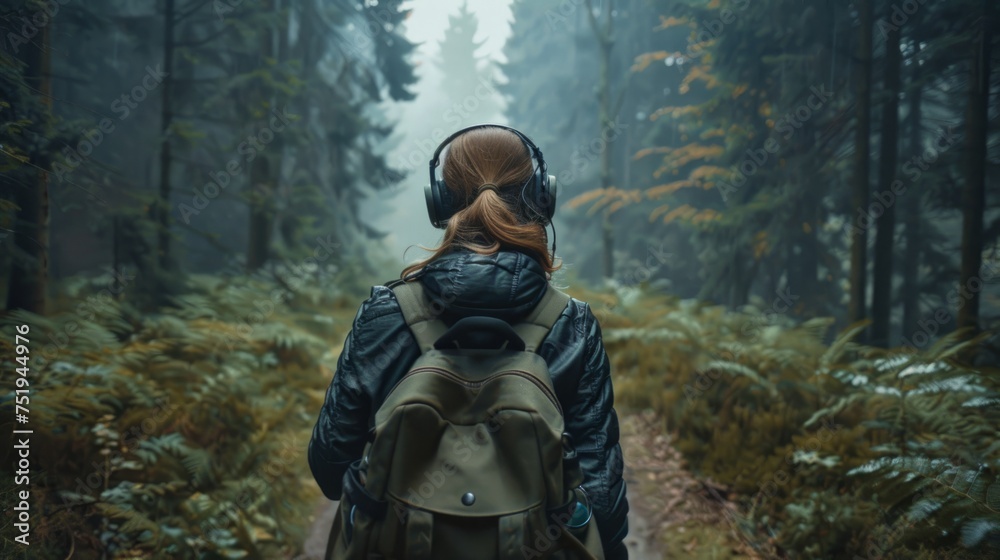 woman exploring a forest trail with headphones on generative ai