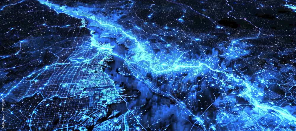 The photo captures an intricate network of intense glowing blue electric lights illuminating the night sky, creating a spectacular display