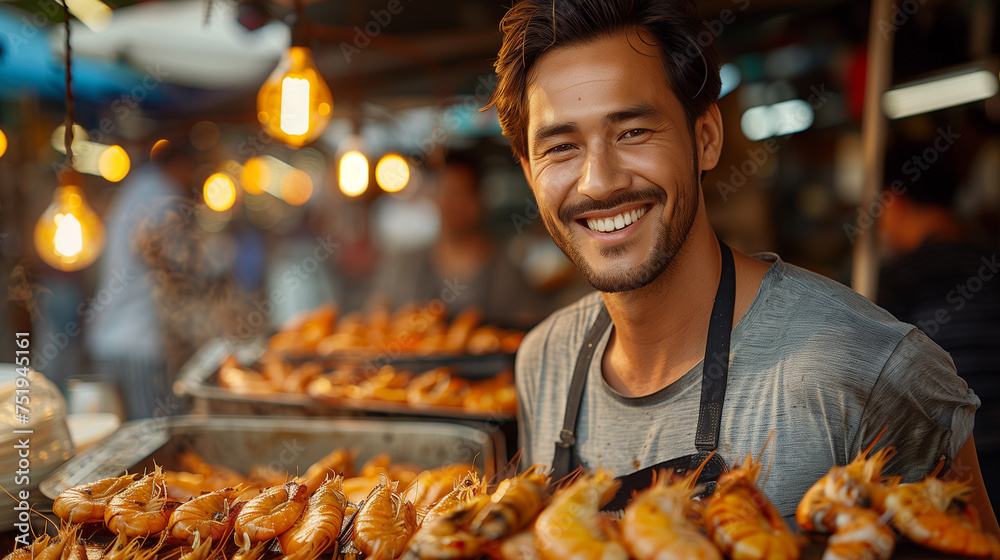 A happy and attractive man cooks delicious seafood, radiating positivity as he smiles towards the camera at a bustling street market. A happy and attractive man cooks delicious seafood, radiating positivity as he smiles towards the camera at a bustling street market.
