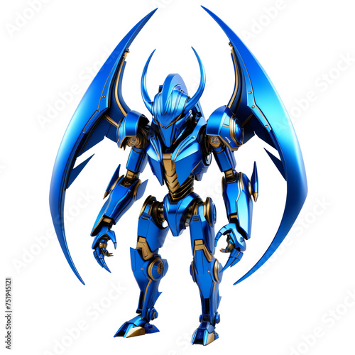 3D rendering of a female cyborg with blue armor isolated on transparent background