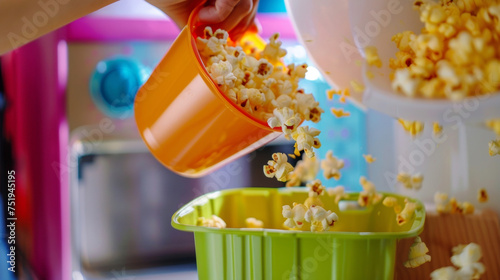 A hand holding a colorful bowl underneath the machine collecting the freshly popped popcorn that overflows from the chute. photo