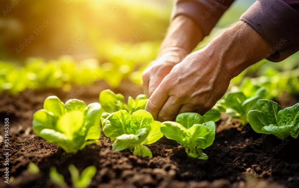 close-up photo of Farmer's hands planting young lettuce seedlings in the vegetable garden
