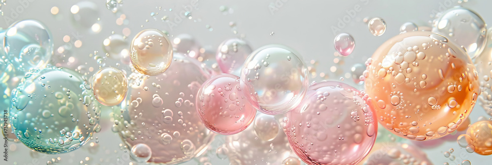 A playful composition of numerous bubbles floating in the air, creating a whimsical and light-hearted atmosphere as they move gently through the space - obrazy, fototapety, plakaty 