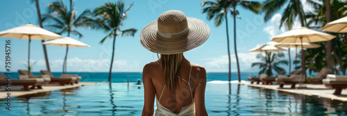 A woman dressed in a white dress and straw hat stands confidently in front of a pristine swimming pool at a resort setting © Lidok_L