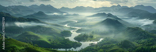 The image showcases a vast mountain range with a river flowing through it. The river cuts through the rugged terrain, adding contrast to the landscape