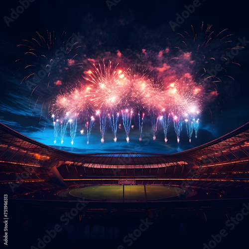 Fireworks Symphony: An Awe-Inspiring 3D Rendered Panoramic View of a Stadium Roof Illuminated by Fireworks