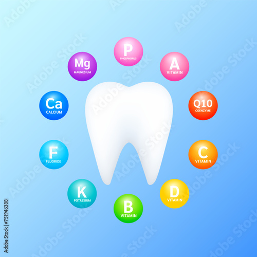 Tooth surrounded by Minerals calcium potassium and vitamins coenzyme Q10. Nutrients necessary for teeth prevents tooth decay and gingivitis. Oral treatment. Health care dentist concepts. Vector.