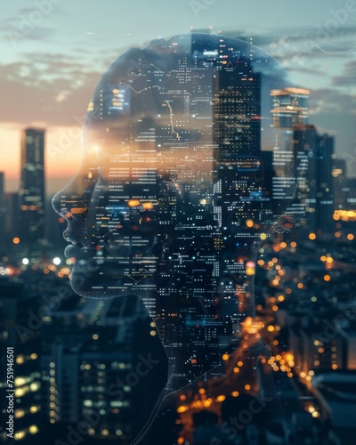 Silhouette of head with cityscape