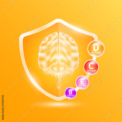 Brain human organ in orange shield glass with Vitamins complex. Supplement nutrients necessary for health nerve cell. Medical health care. Vector EPS10.