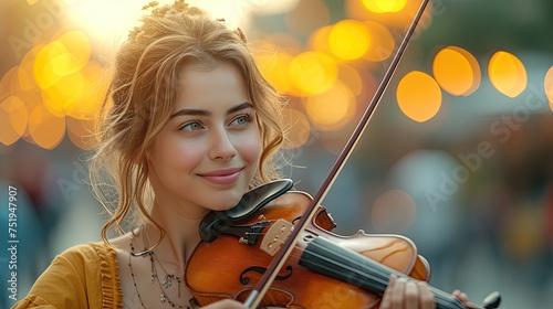 a beautiful caucasian woman plays the violin in an epic orchestra against the backdrop of a city street at sunset