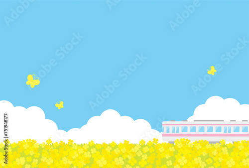 vector background with a train and canola flower field on sky for banners, cards, flyers, social media wallpapers, etc.
