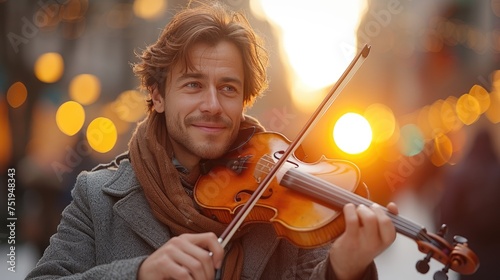 a handsome caucasian man playing an epic orchestral violin against a sunset background city street