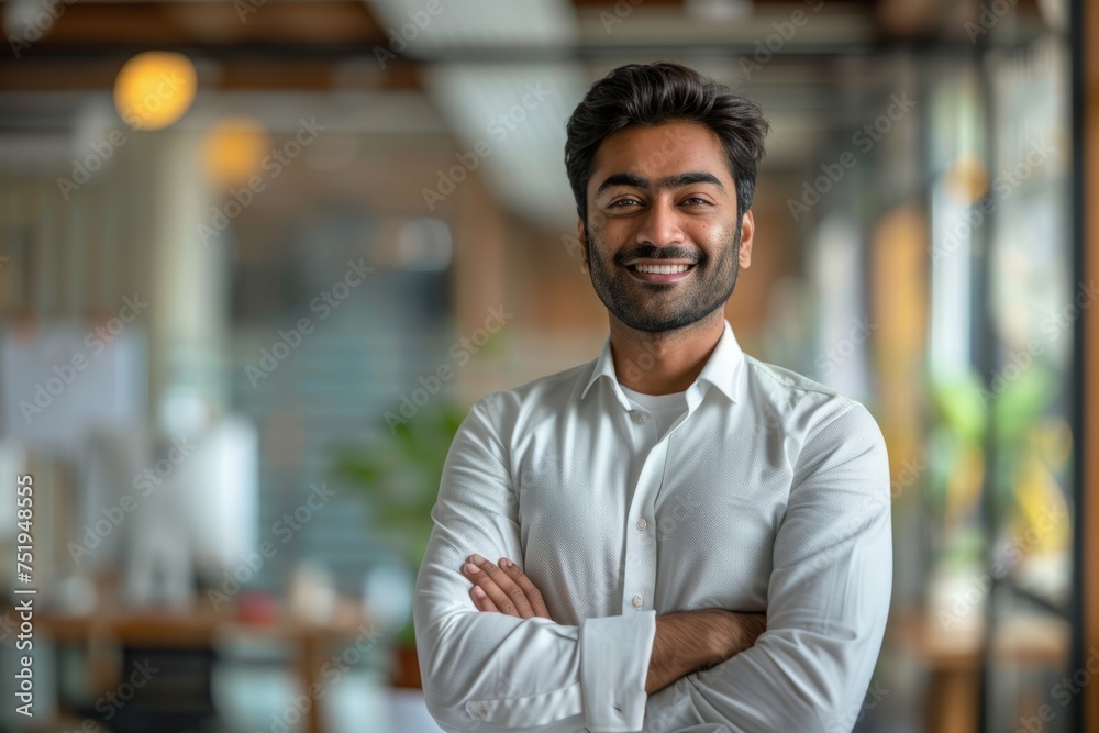 Happy and smiling Indian business leaders, young professional business managers and executives look confidently into the distance and stand in their offices