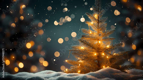 Christmas tree with festive bokeh lights  Christmas and New Year holiday background