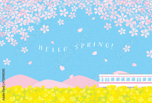 spring vector background with a train with cherry blossoms and canola flowers for banners, cards, flyers, social media wallpapers, etc.