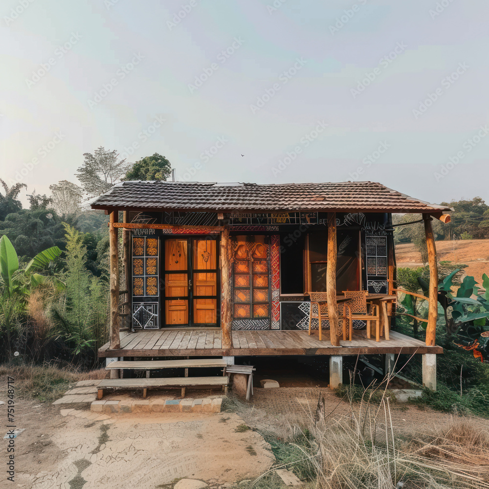 Tiny one floor timber frame house with single front doors and terrace with india theme design Tiny one floor timber frame house with single front doors and terrace with india theme design