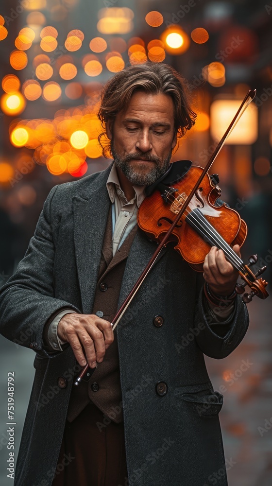 Fototapeta premium a handsome caucasian man playing an epic orchestral violin against a sunset background city street