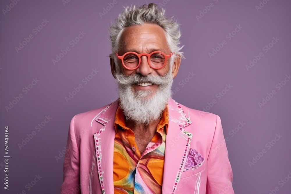 Portrait of a happy senior man with gray beard wearing pink jacket and glasses