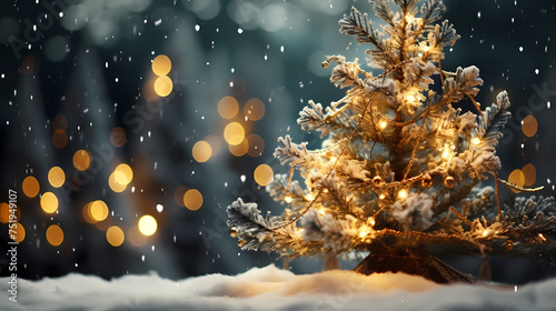 Christmas tree with festive bokeh lights, Christmas and New Year holiday background © xuan