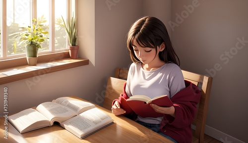 座って本を読んでリラックスした少女、３Dイラスト｜Girl sitting and reading a book and relaxing, 3D illustration. photo