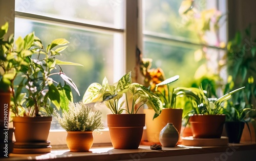 Houseplants on the windowsill in the sun