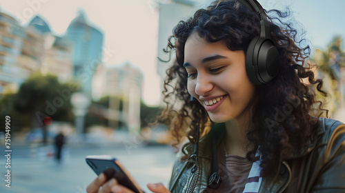 Alegria musical Jovem mulher sorrindo e desfrutando da música em seu smartphone usando fones de ouvido sem fio photo