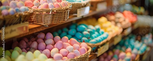 A Colorful Array of Easter Eggs on Sale, Beautifully Arranged in Baskets and Shelves, Inviting Shoppers to Celebrate the Season