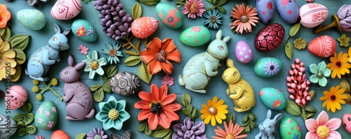 A Colorful Array of Handmade Easter-Themed Fridge Magnets Brightening Up the Kitchen with Bunnies, Eggs, and Flowers