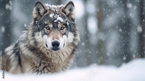 Portrait of a wolf in the winter forest. Snowfall © Daisha