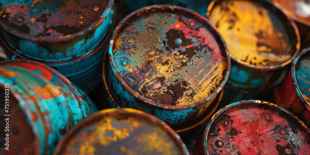 close up of rusty and colorful barrels, generative AI close up of rusty and colorful barrels, generative AI