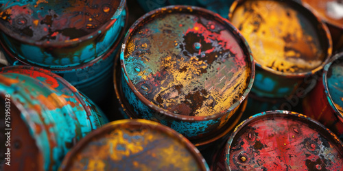 close up of rusty and colorful barrels, generative AI